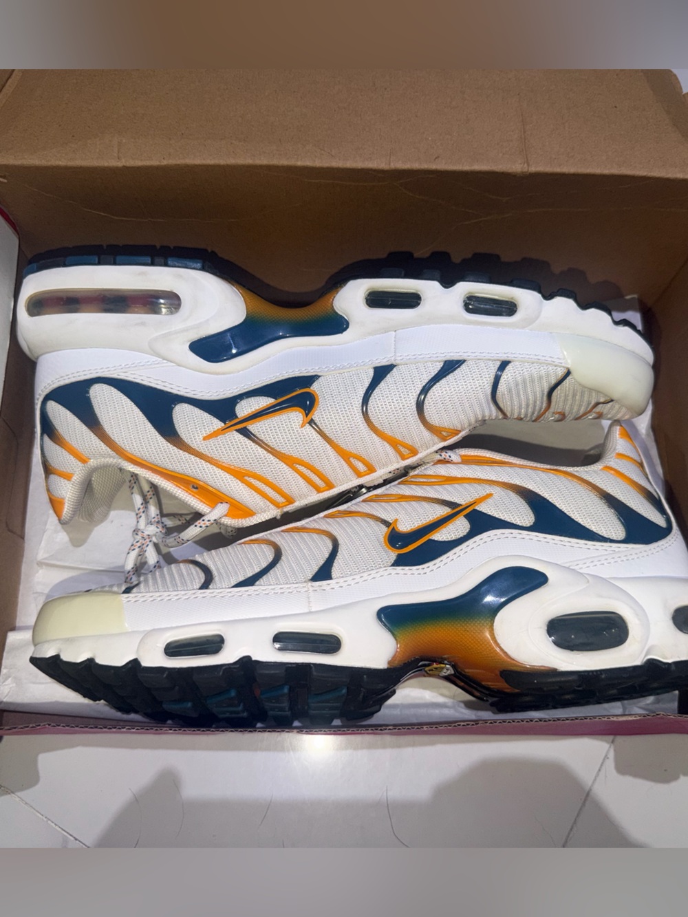 Nike Men’s White Navy Sneakers with Orange Accents
